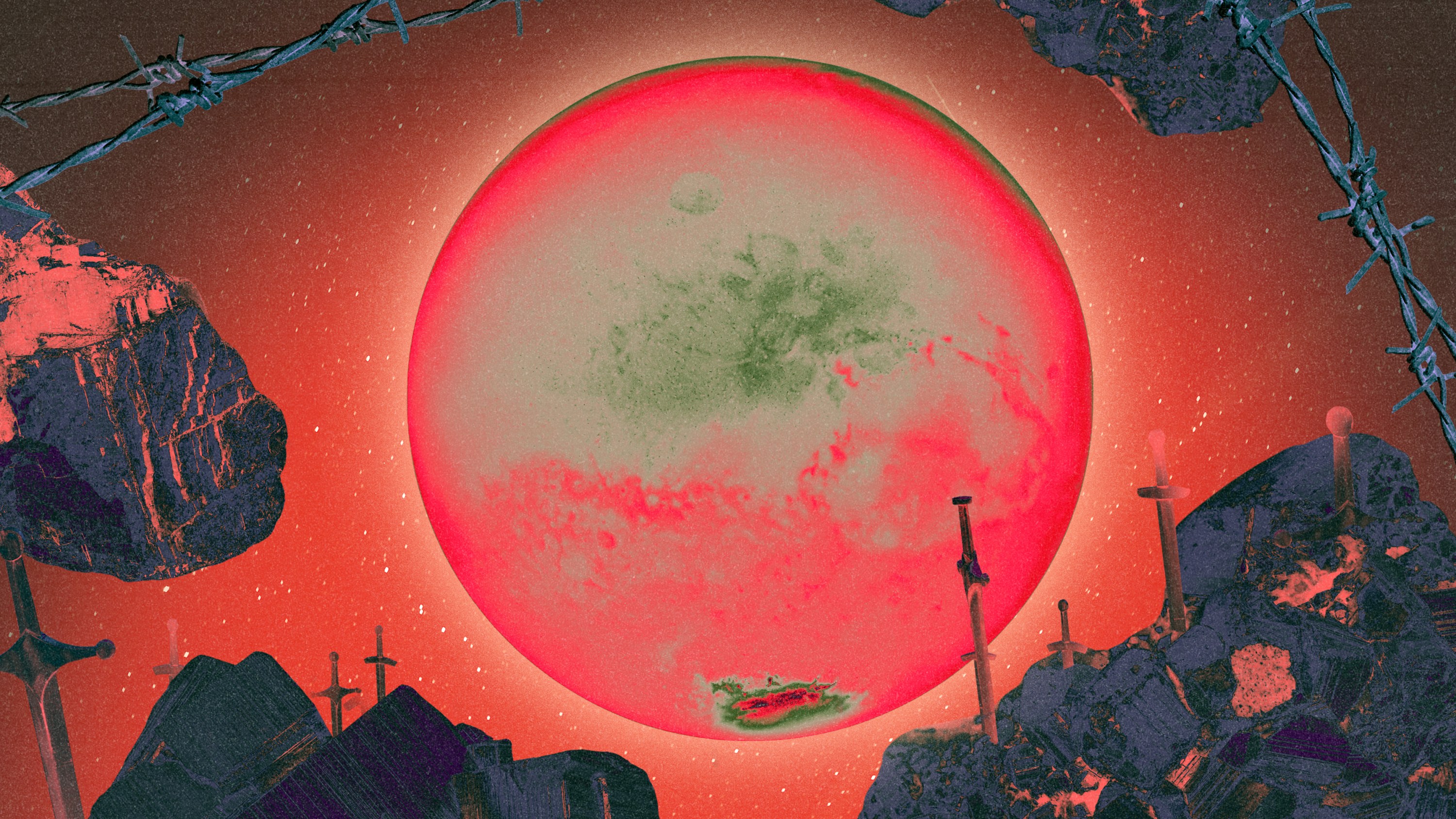 Planet Mars surrounded by a field of swords in stones