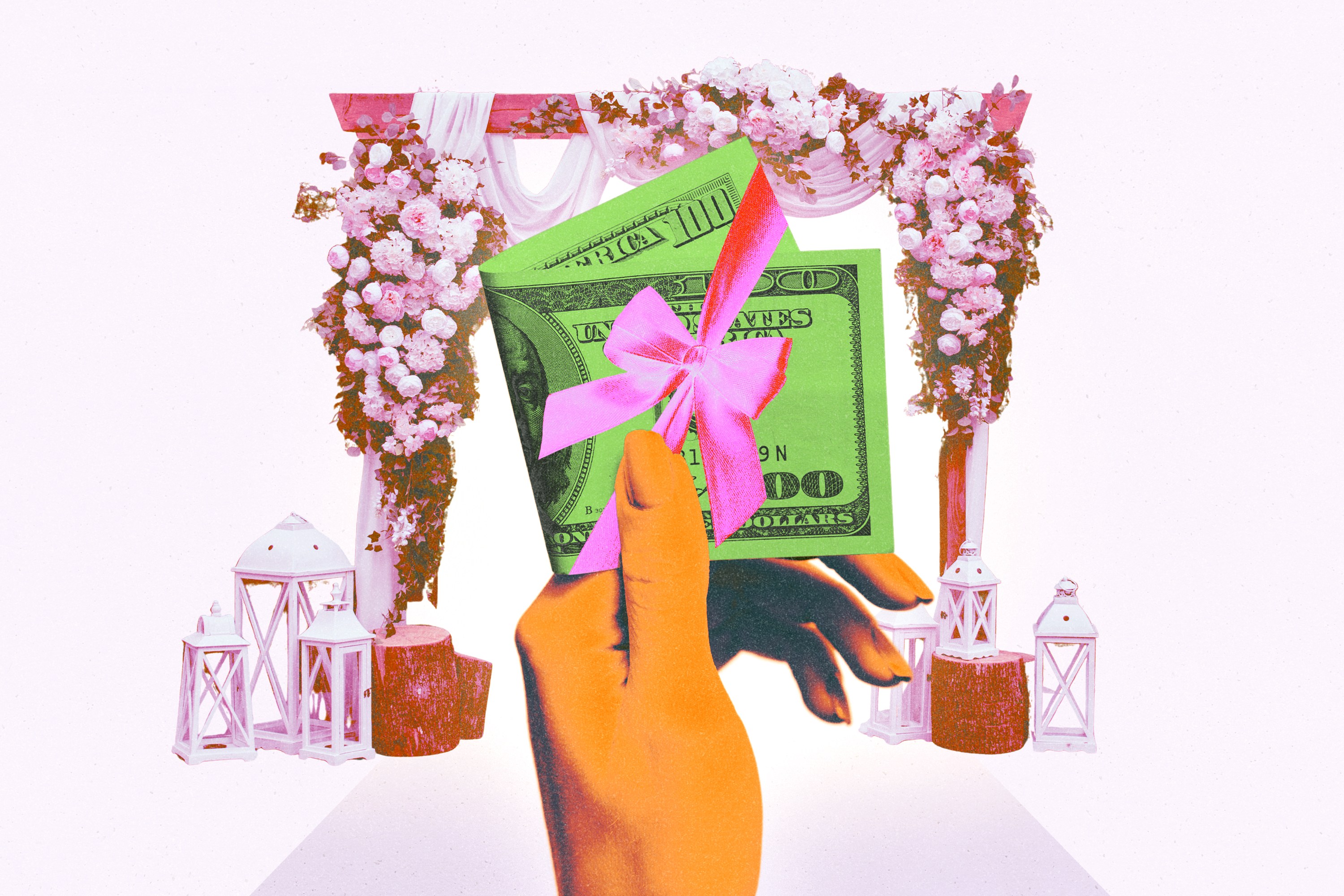 A collage of a hand holding a dollar bill with a bridal-themed background