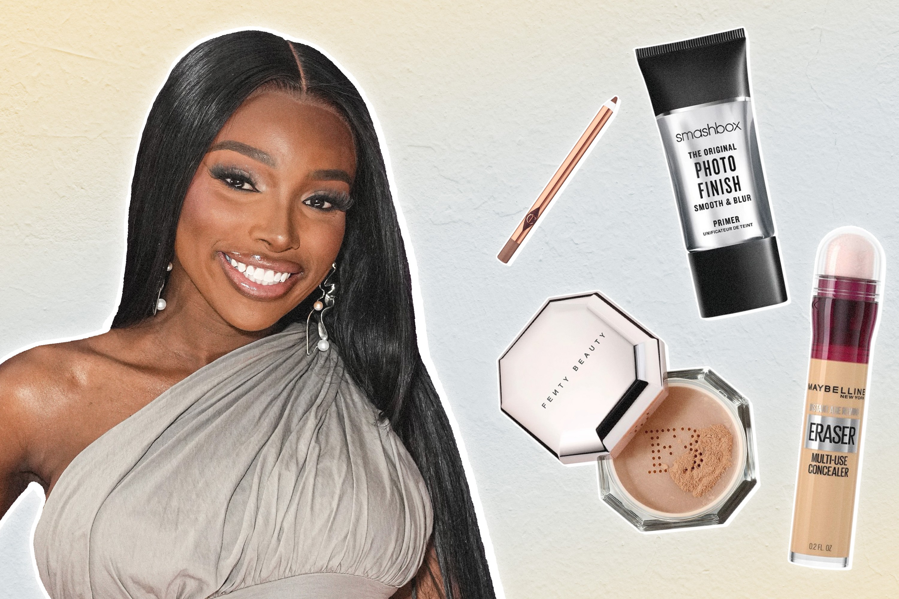 JaNa Craig from Love Island USA next to her most-used Smashbox, Charlotte Tilbury, Maybelline, and Fenty Beauty makeup products.