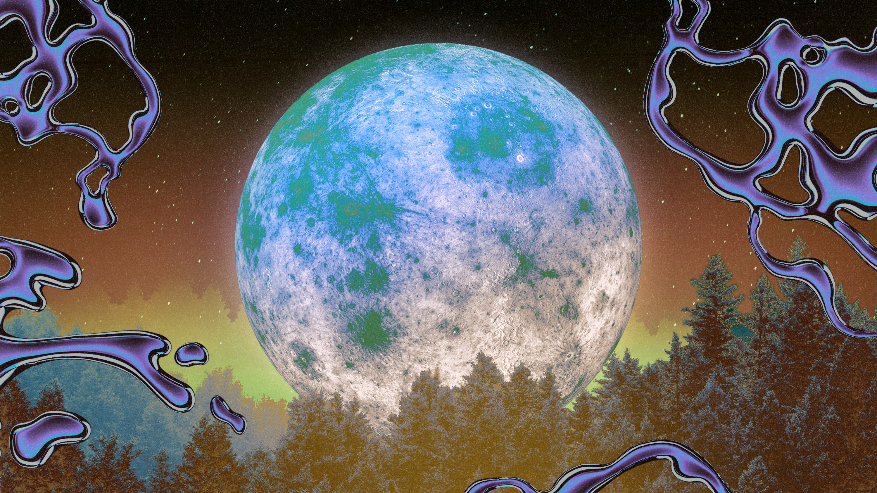 A bluish full moon rising over a forest night sky