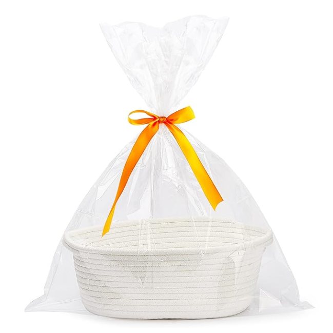 A basket with an orange ribbon.