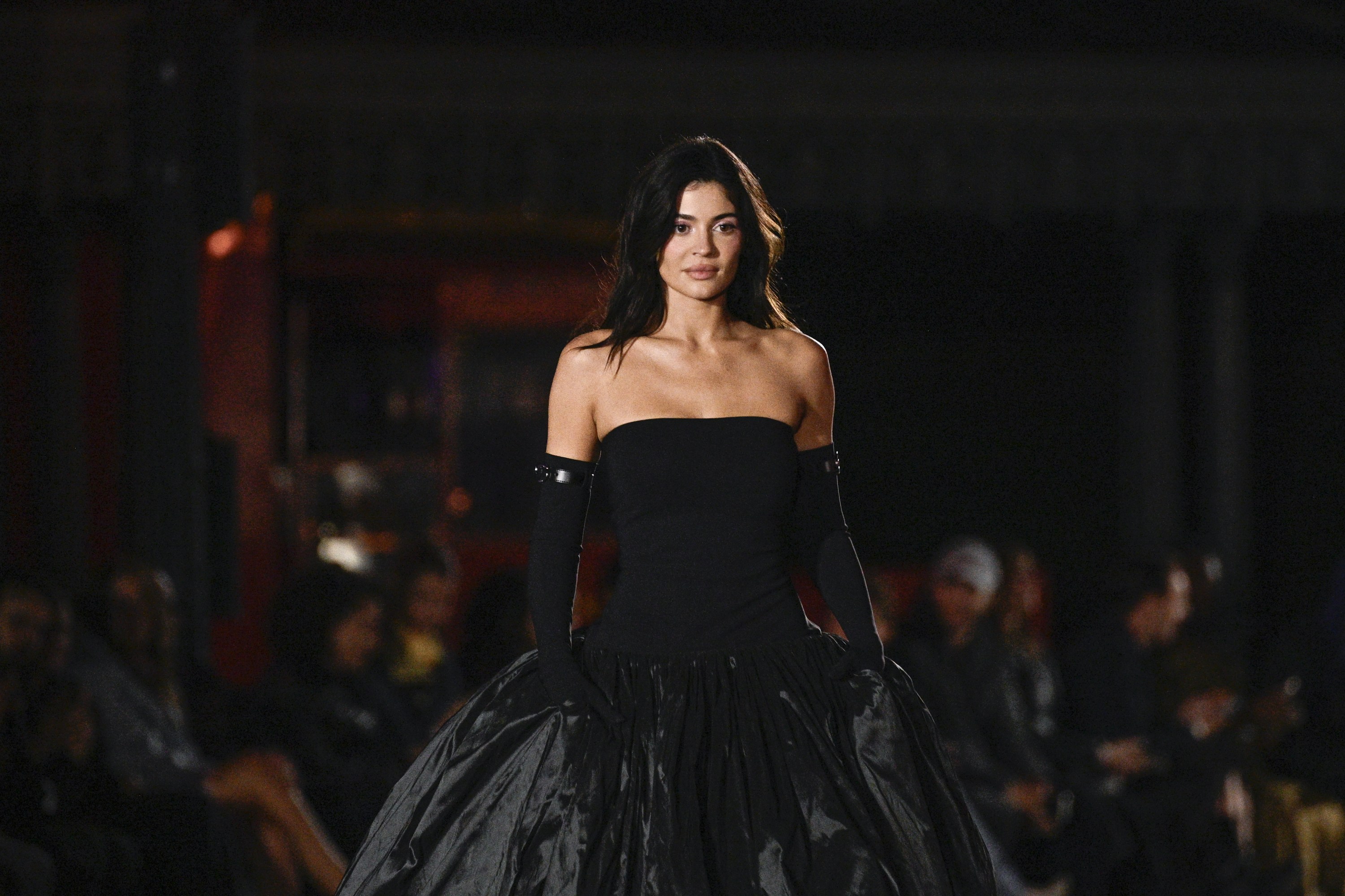 US influencer and entrepreneur Kylie Jenner presents a creation by Coperni for the Women Ready-to-wear Spring-Summer 2025 collection as part of the Paris Fashion Week, at Disneyland Paris amusement park, in Marne-la-Vallee, east of Paris,  on October 1st, 2024.