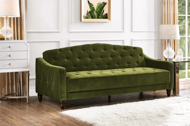 A green velvet couch