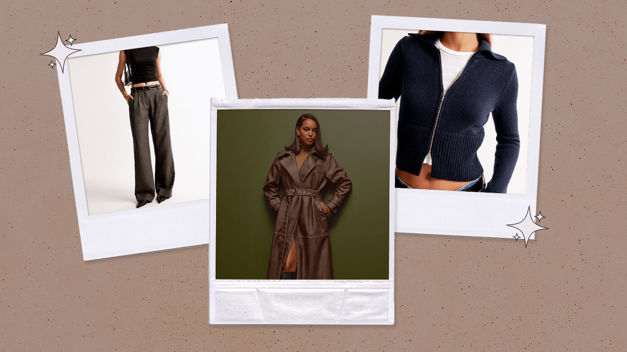 Left to Right: Abercrombie & Fitch model wearing low-rise gray pinstripe trousers with a black top and black pointed toe heels; Abercrombie & Fitch model wearing a brown leather trench coat; Abercrombie & Fitch model wearing a navy blue zip-up cardigan.