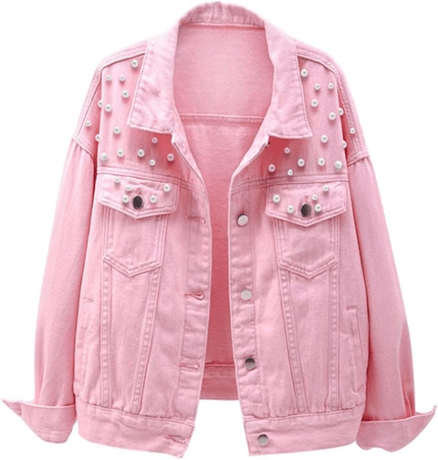 LifeShe Embroidered Pearl Denim Jean Jacket in pink