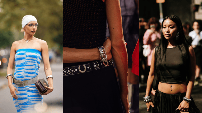 Three fashion week guests wearing vintage-inspired silver bracelets.