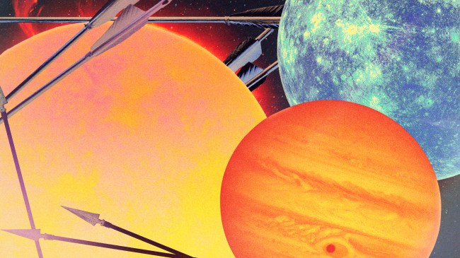 Planet Jupiter, Mercury, and the sun with arrows running over them in honor of Sagittarius season
