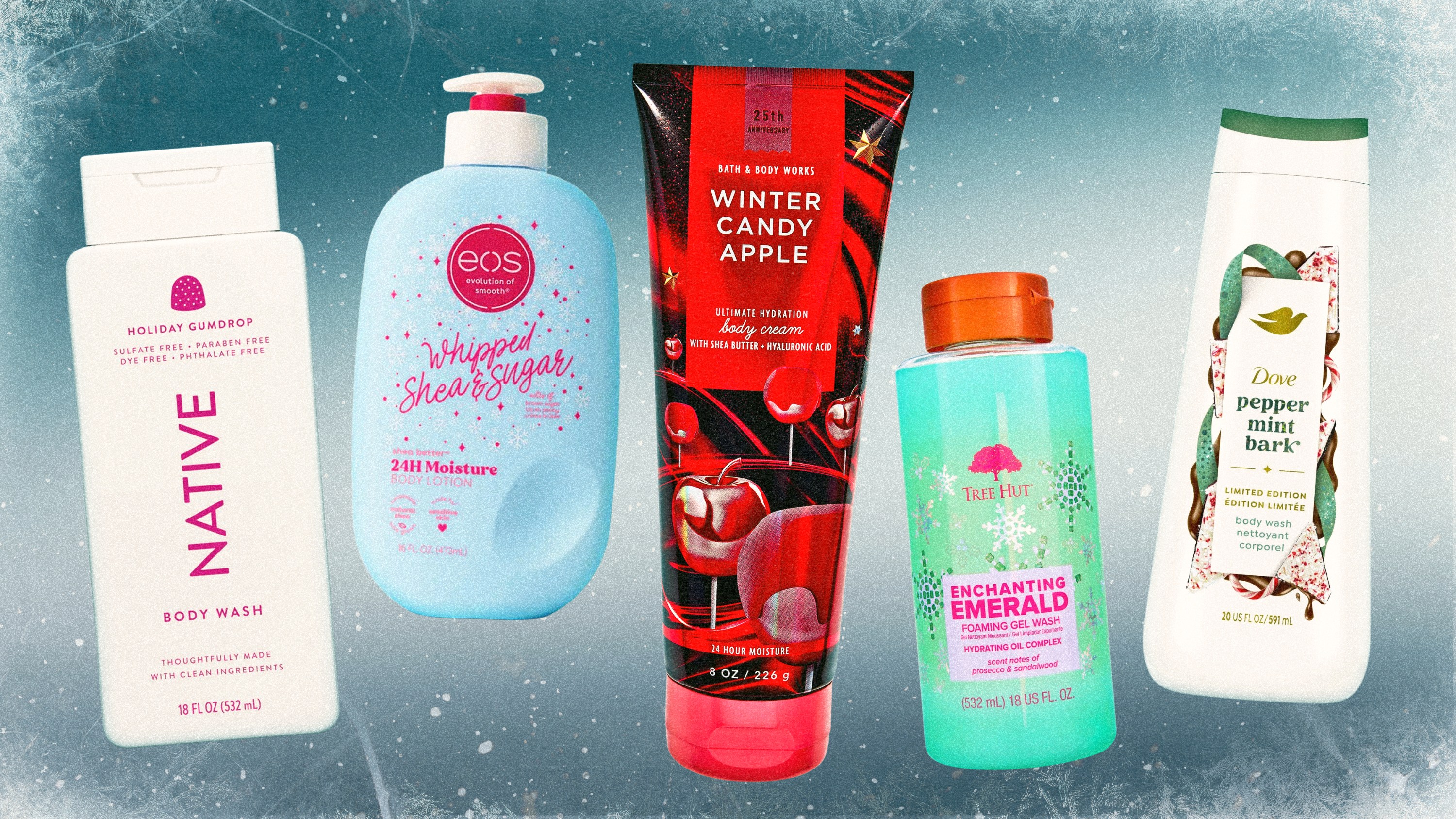 Native, EOS, Bath & Body Works, Tree Hut, and Dove holiday scented body products.
