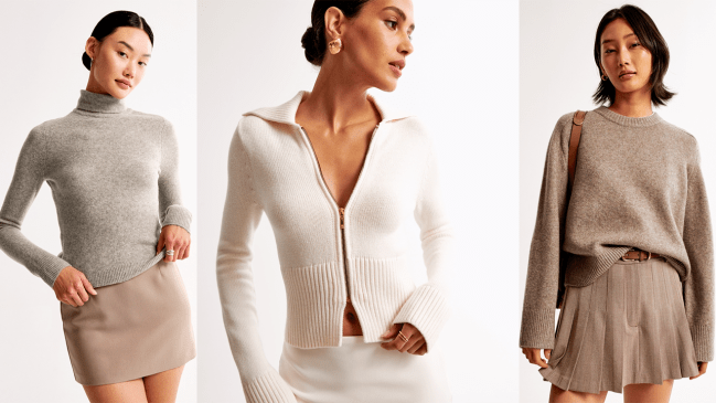 Three models wearing Abercrombie & Fitch sweaters