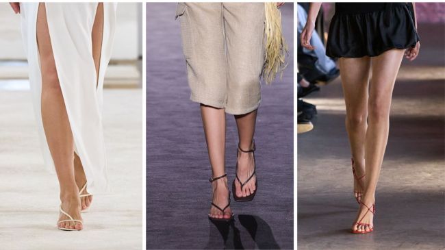 Three pairs of legs with sandals.