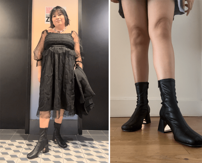 Lea wearing the Charles & Keith Jully Metallic Trapeze Heel Ankle Boots in black.