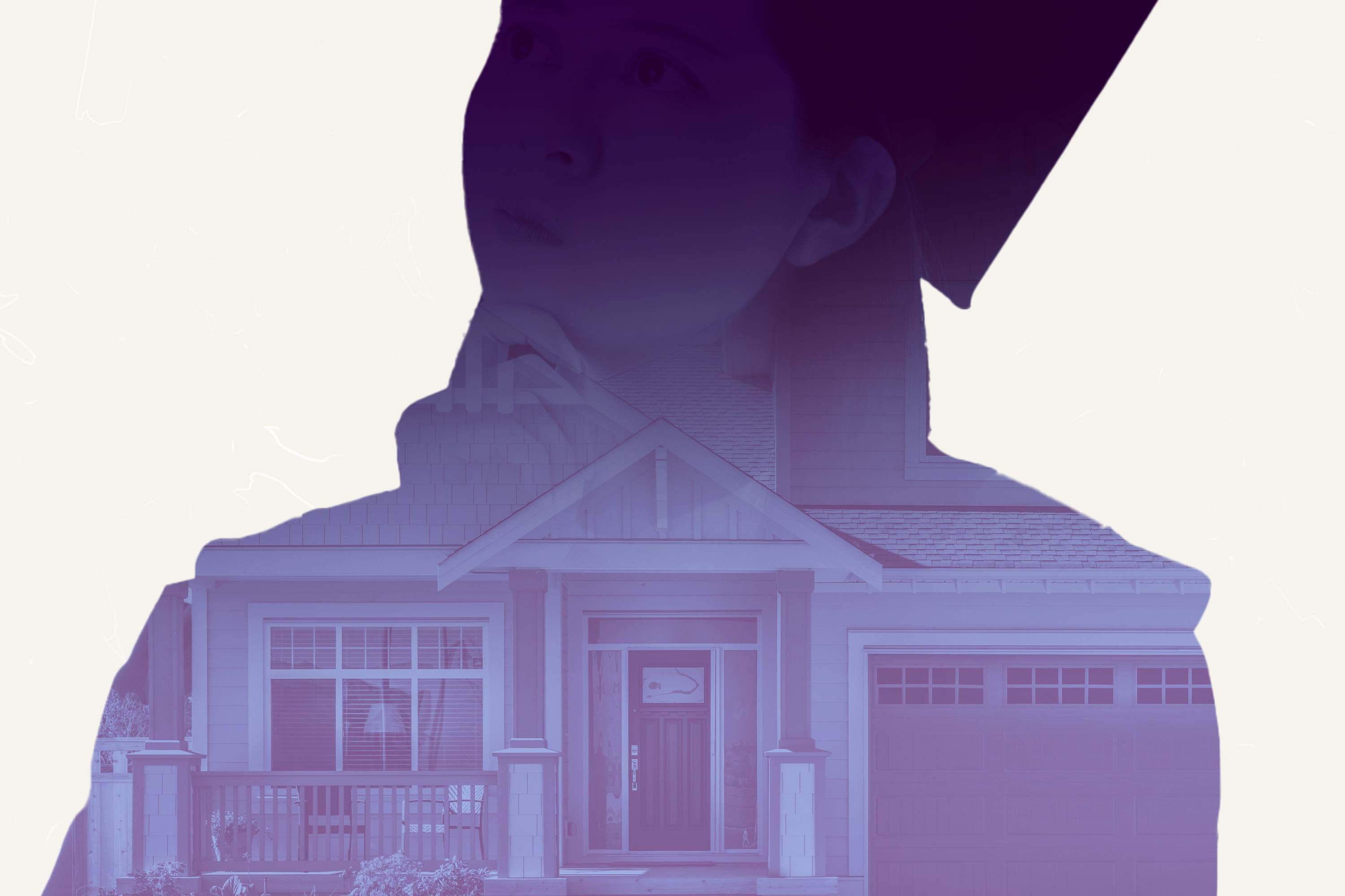 Girl in graduation cap ponders living in suburban house.