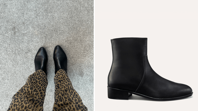 Left: Jen wearing the Margaux Simone Boot in black; Right: a product shot of the Margaux Simone Boot in black.