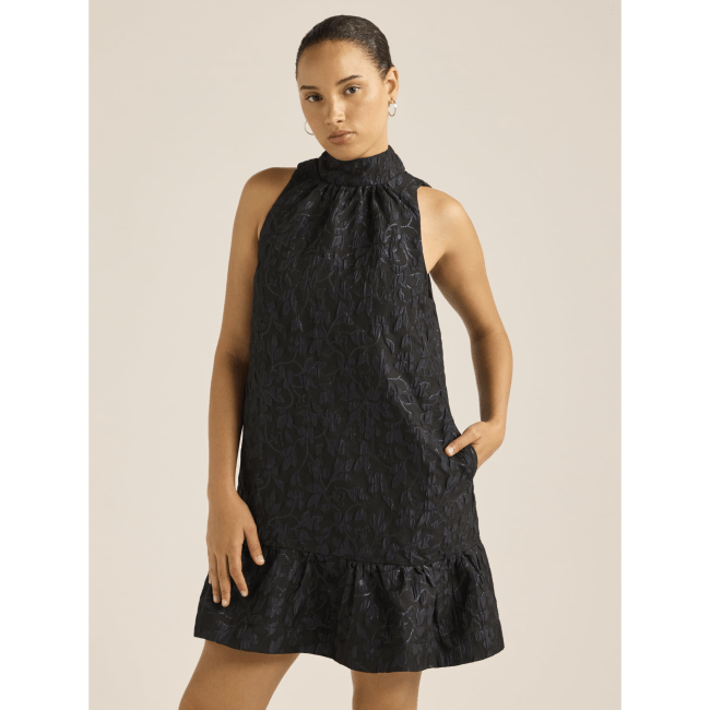 Scoop Jacquard Mini Swing Dress in black