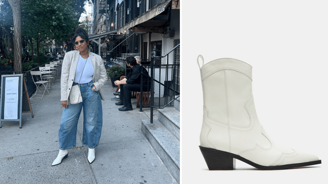 Left: Robyn wearing the Steve Madden Shayne White Leather; Right: a product shot of the Steve Madden Shayne White Leather.