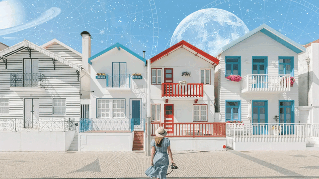 A row of houses in front of planet Saturn and the moon. A woman with a camera stands in the foreground, looking up. Both the moon and Saturn are moving back and forth in animation.