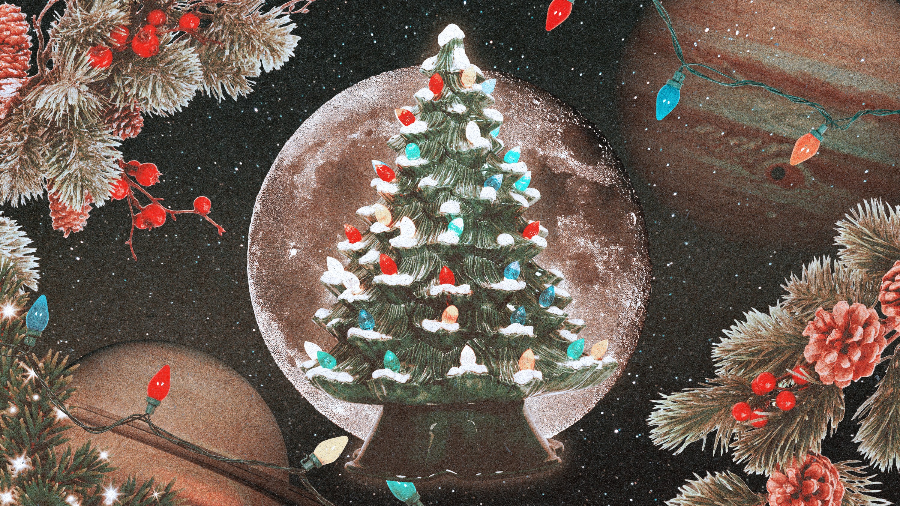 A Christmas tree figurine surrounded by a winter space backdrop with twinkling lights and planets