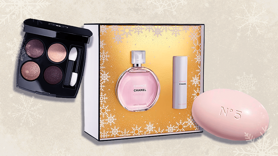 The Les 4 Ombres Multi-Effect Quadra Eyeshadow, 
Chance Eau Tendre Eau de Toilette Twist and Spray Set, and No 5 Bath Soap.