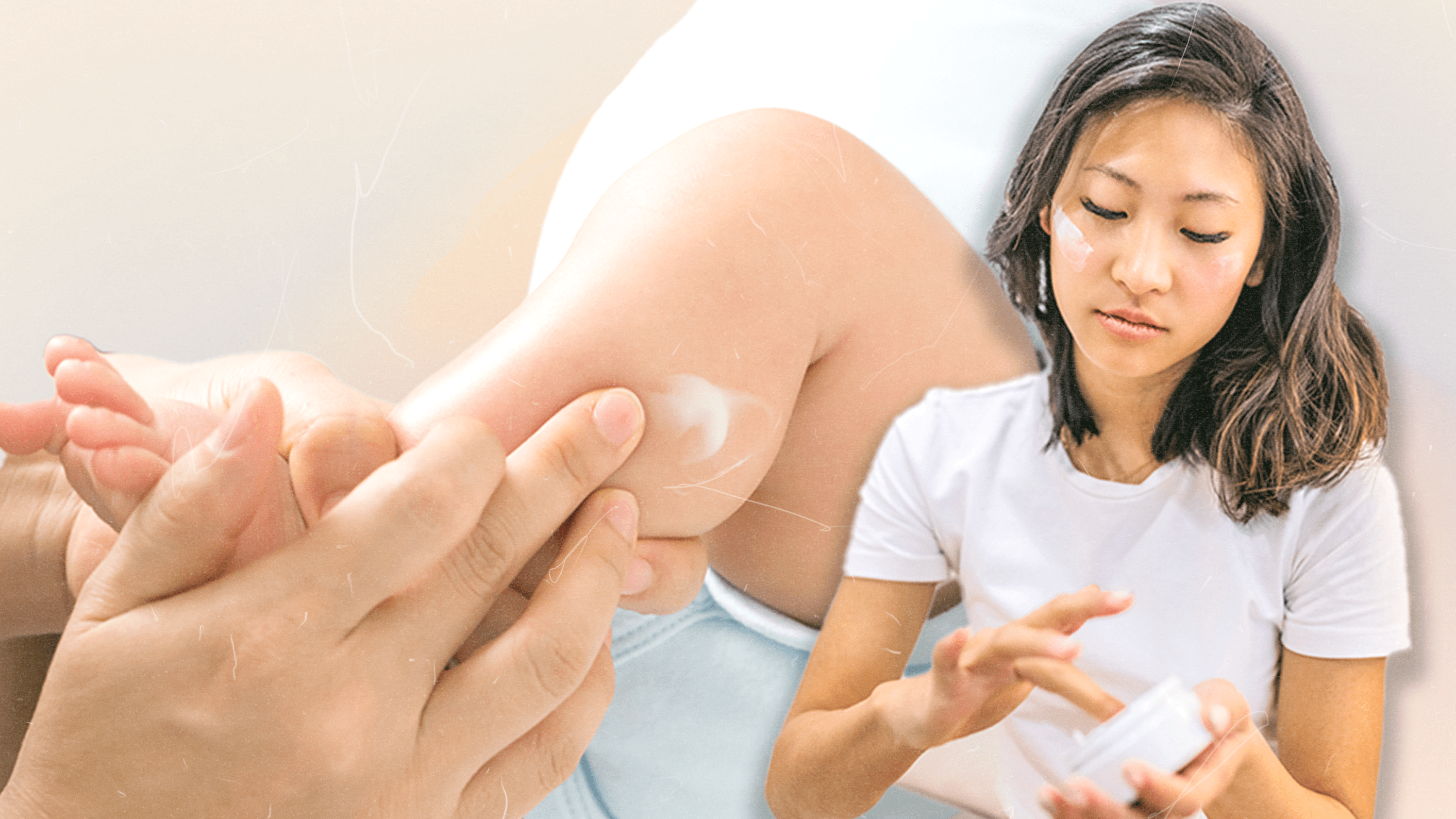 A model applying moisturizer next to a mother putting diaper rash cream on a baby.