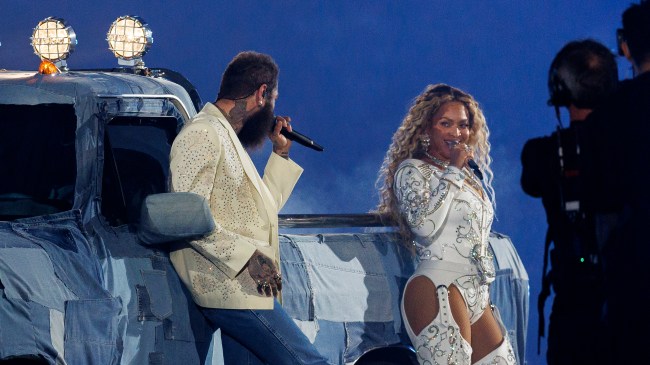 HOUSTON, TEXAS - DECEMBER 25: Post Malone and Beyoncé perform at halftime during an NFL football game between the Baltimore Ravens and the Houston Texans, at NRG Stadium on December 25, 2024 in Houston, Texas.
