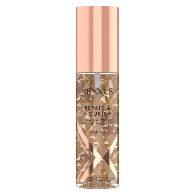 Nexxus Ultra Lightweight Repair & Nourish Hair Oil in a brown and rose gold bottle.