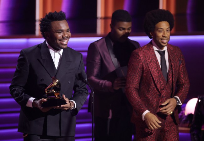 LAS VEGAS, NEVADA - APRIL 03: LAS VEGAS, NEVADA - APRIL 03: Baby Keem, acceps award for Best Rap Performance for "Family Ties" featuring Kendrick Lamar, during the 64th Annual GRAMMY Awards at MGM Grand Garden Arena on April 03, 2022 in Las Vegas, Nevada.