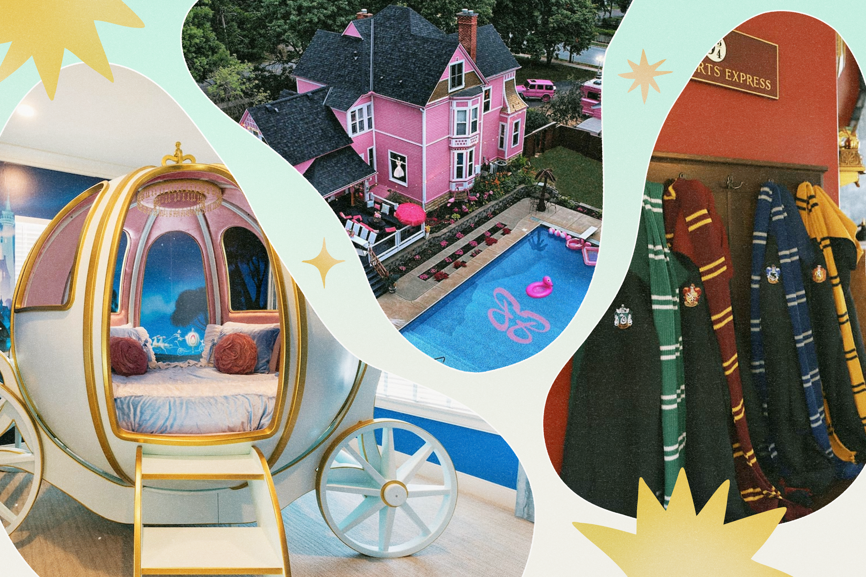 Left to Right: a Cinderella-themed Airbnb, a pink Barbie-themed Airbnb, and a Harry Potter-themed Airbnb.