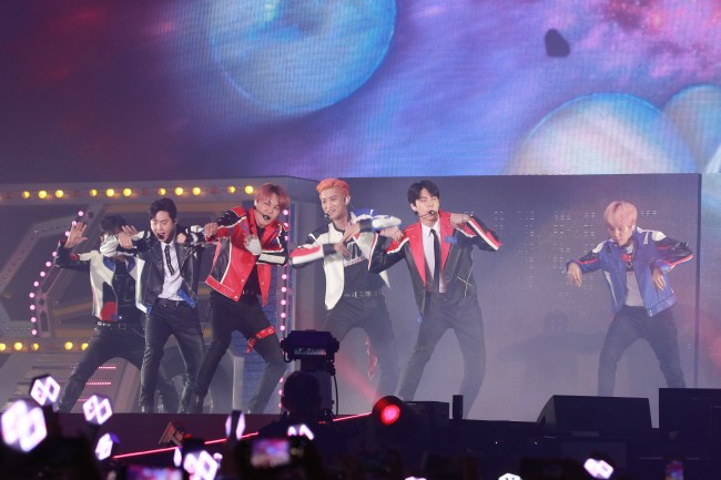 HONG KONG, CHINA - AUGUST 10: Members of South Korean boy band EXO perform on the stage in concert at AsiaWorld-Expo on August 10, 2019 in Hong Kong, China.