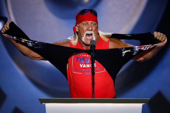 Professional entertainer and wrestler Hulk Hogan rips his shirt as he speaks on stage on the fourth day of the Republican National Convention at the Fiserv Forum on July 18, 2024 in Milwaukee, Wisconsin. Delegates, politicians, and the Republican faithful are in Milwaukee for the annual convention, concluding with former President Donald Trump accepting his party's presidential nomination. The RNC takes place from July 15-18