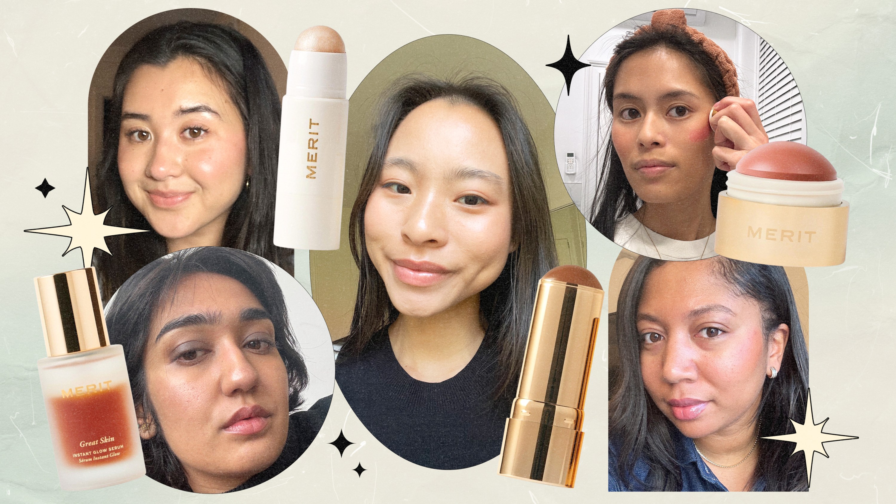 Five StyleCaster editors wearing and testing Merit Beauty's makeup and skincare products. Plus, Merit's face serum, highlighting balm stick, bronze balm stick, and blush balm.