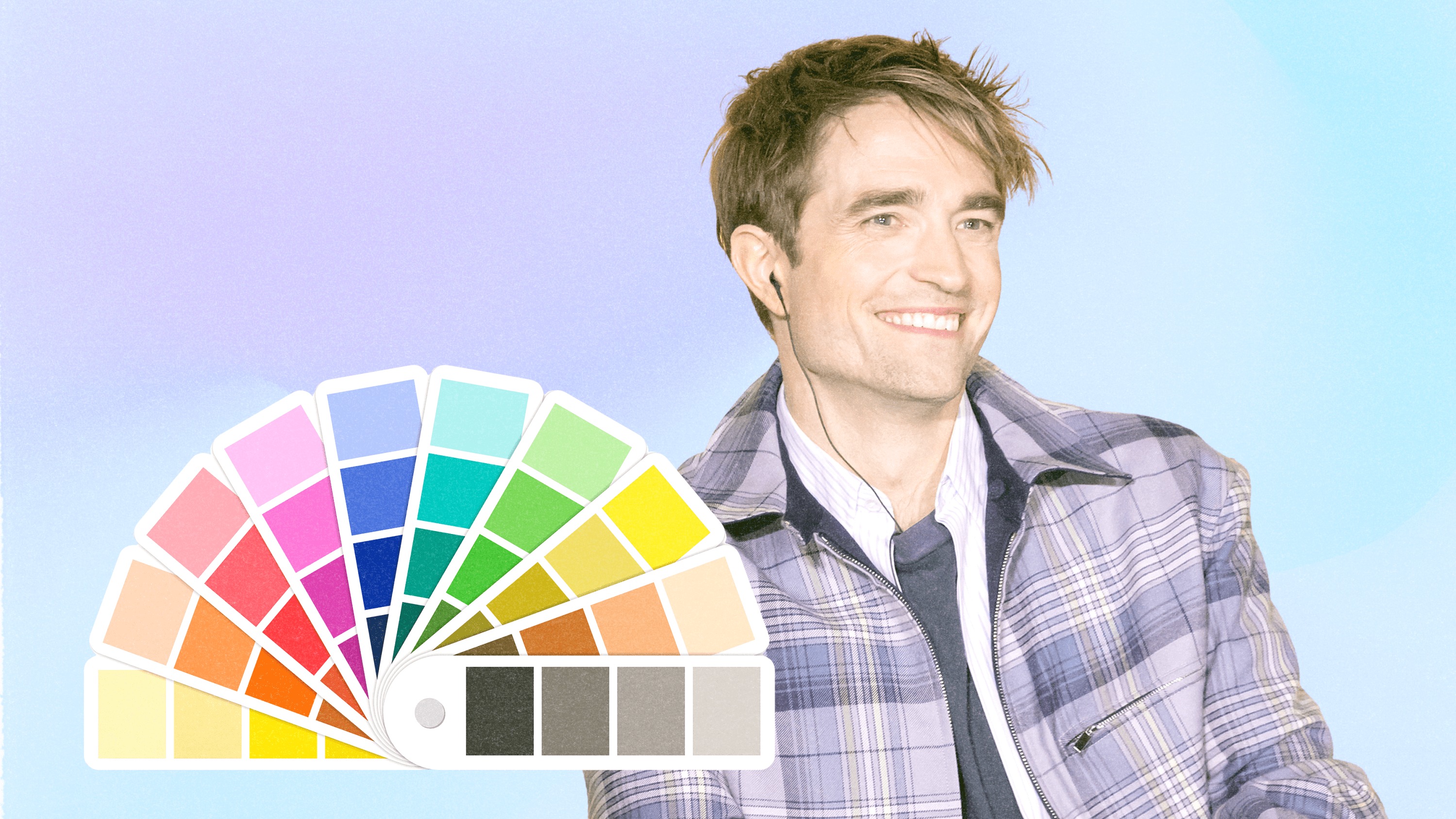 Robert Pattinson next to color swatches.