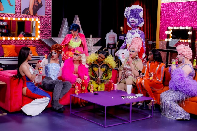 Members of RuPaul's Drag Race Season 17 talking and sitting on couches