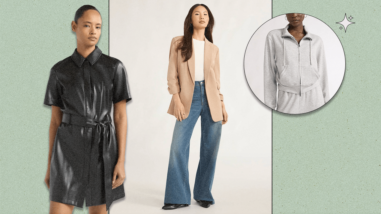 Left to Right: a model wearing a Scoop black collared faux leather mini dress with a waist tie, a model wearing a Scoop beige blazer with a white shirt and blue jeans, a model wearing a light grey hoodie.