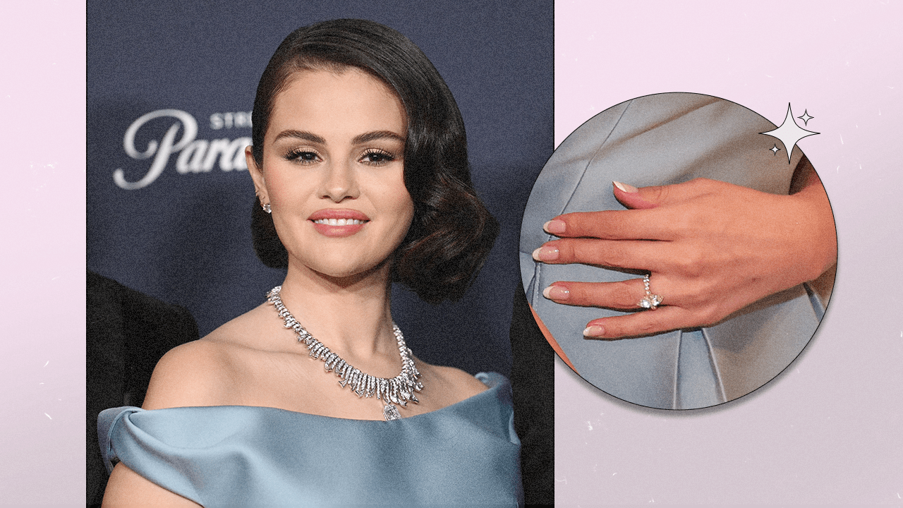 Left: Selena Gomez at the 82nd Golden Globe Awards; Right: a close up shot of Selena Gomez's nails and engagement ring at the 82nd Golden Globe Awards.