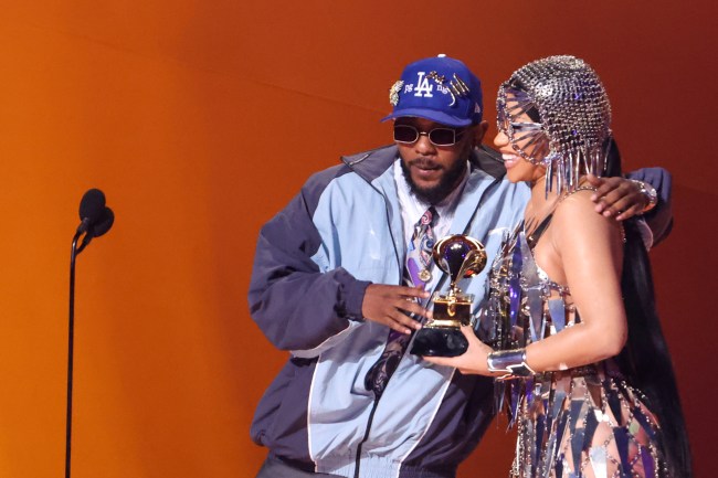 LOS ANGELES, CALIFORNIA  FEBRUARY 5: 65th GRAMMY AWARDS   Cardi B presents the award for rap album to Kendrick Lamar at the 65th Grammy Awards, held at the Crytpo.com Arena on February 5, 2023.