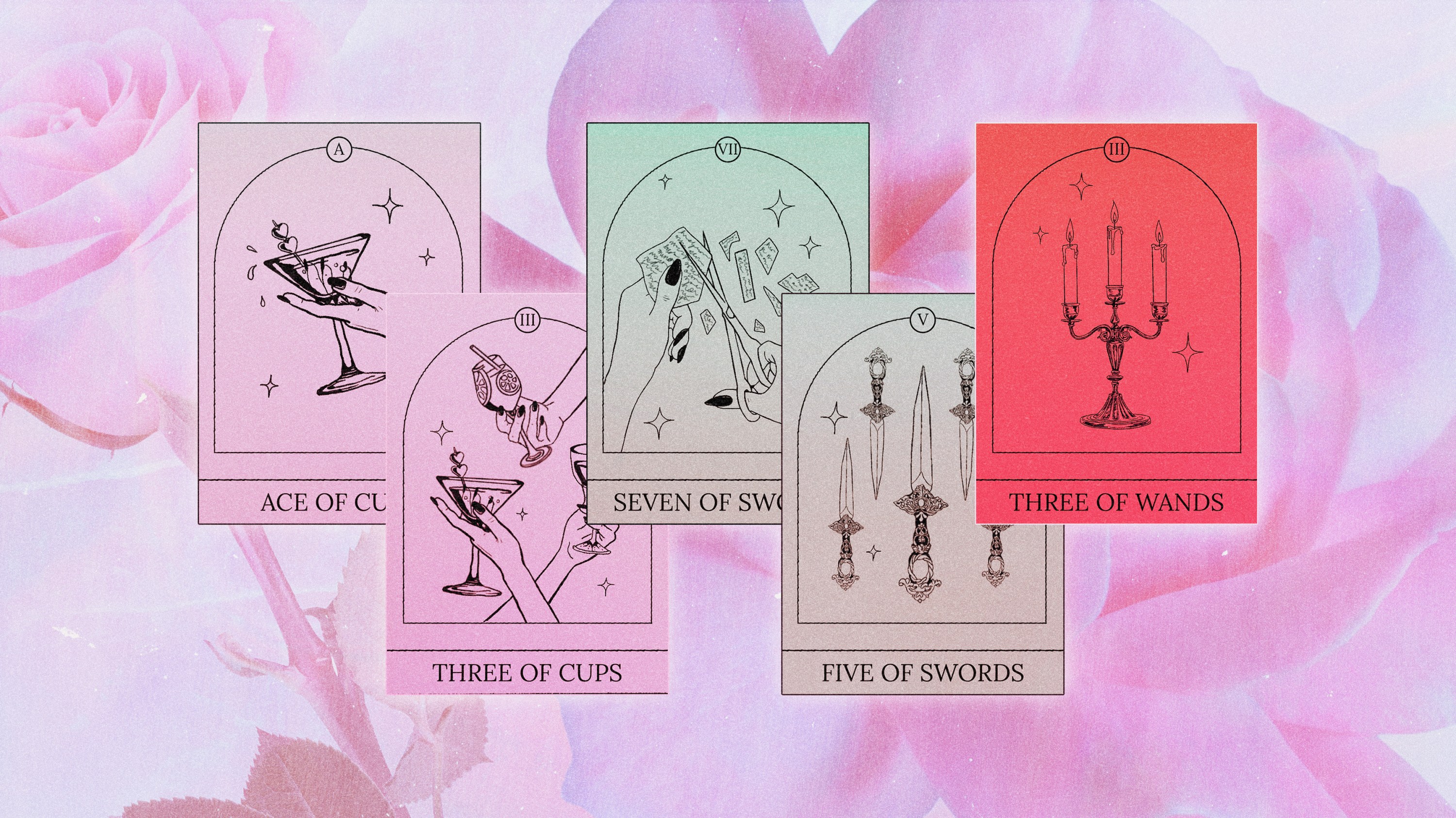Five Tarot cards spread out in hues of pink over a background of pink roses for Valentine's Day