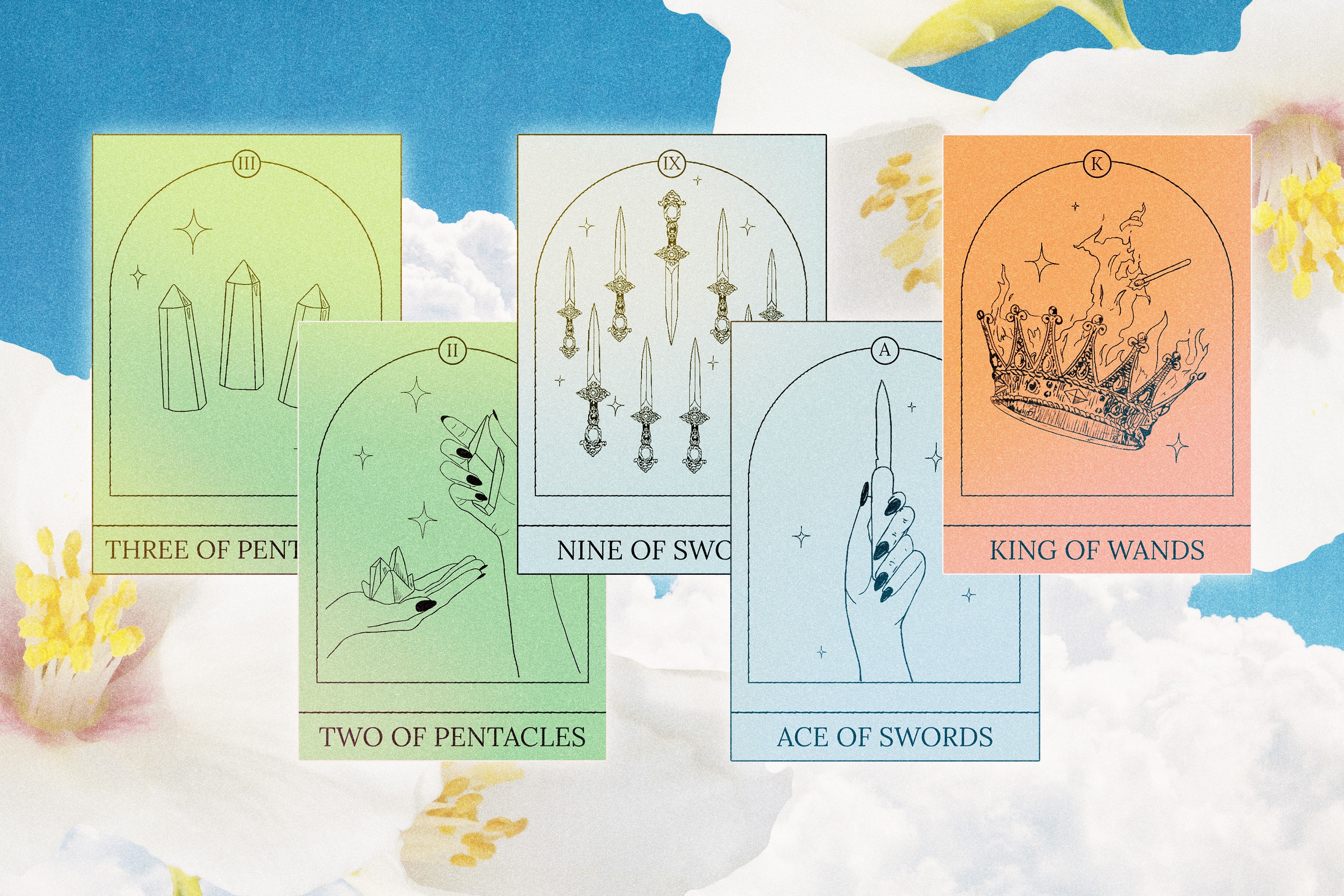 A series of Tarot cards over a springtime backdrop.