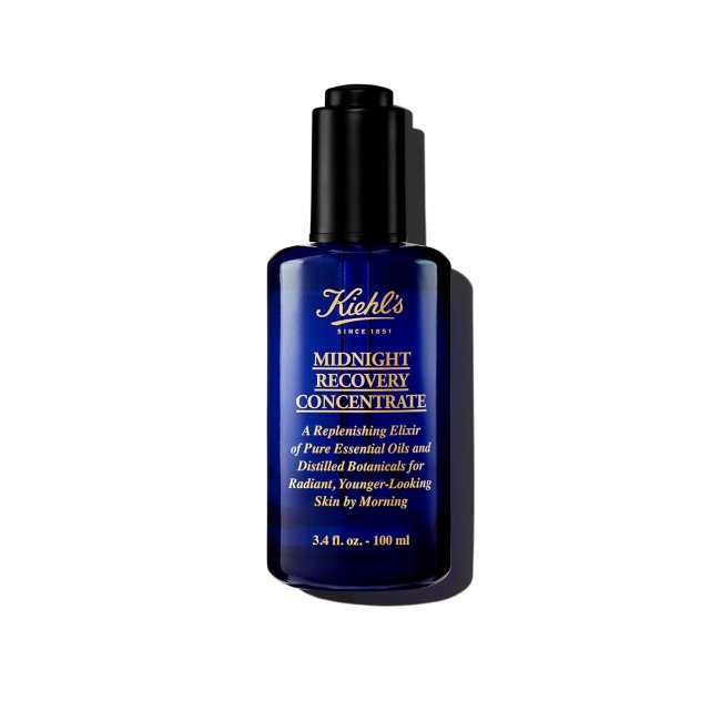 Kiehl's Midnight Recovery Concentrate Moisturizing Face Oil in a blue bottle.