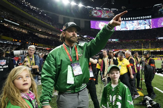 US actor Bradley Cooper walks the sidelines before the start of Super Bowl LIX between the Kansas City Chiefs and the Philadelphia Eagles at Caesars Superdome in New Orleans, Louisiana, February 9, 2025