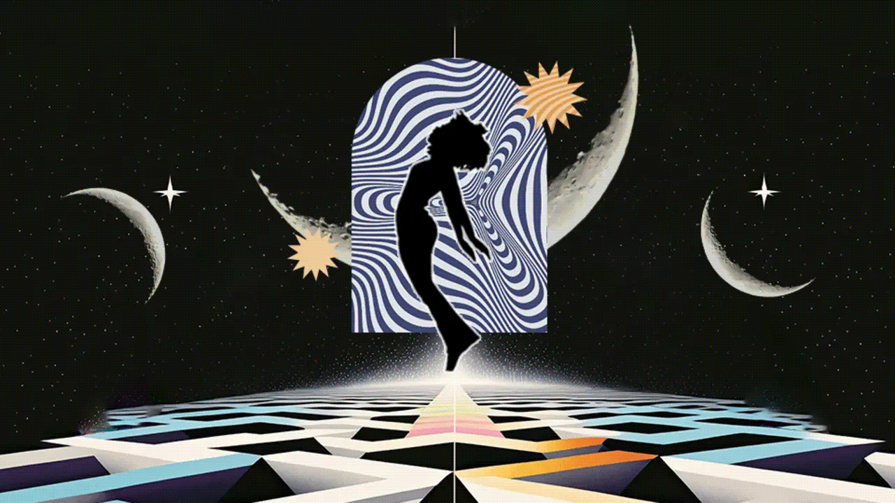 A gif of a woman rising and falling over a psychedelic planet with crescent moons in the sky
