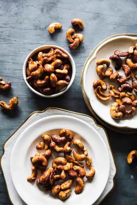 Plates of salty cashews