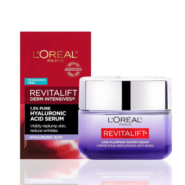 L'Oréal Paris Revitalift Micro Hyaluronic Acid Ceramides Plumping Cream in a purple pot.