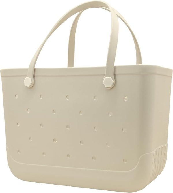 Sand-colored rubber beach tote on a white background