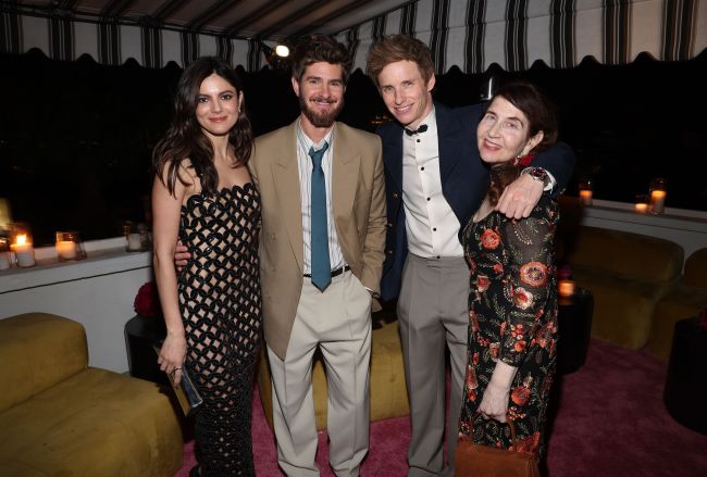 Monica Barbaro, Andrew Garfield, Eddie Redmayne and Lynn Hirschberg, W Magazine Editor at Large, attend W Magazine's Annual Best Performances Party at Chateau Marmont on January 04, 2025 in Los Angeles, California.