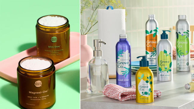 Left: Moon Juice jars; Right: Grove Collaborative cleaning products and supplies on a kitchen counter.
