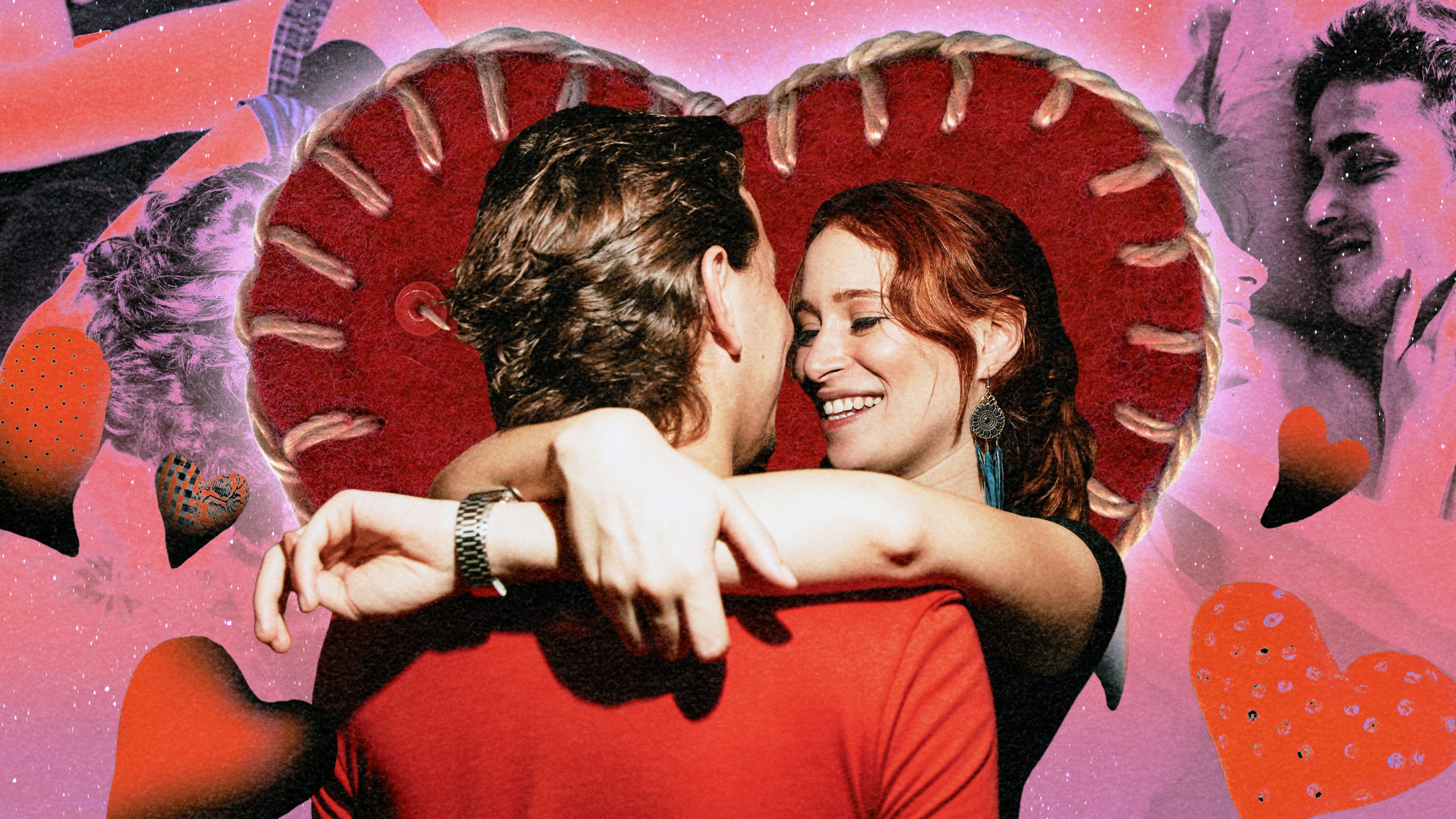 A couple hugging against a background of pink and red hearts