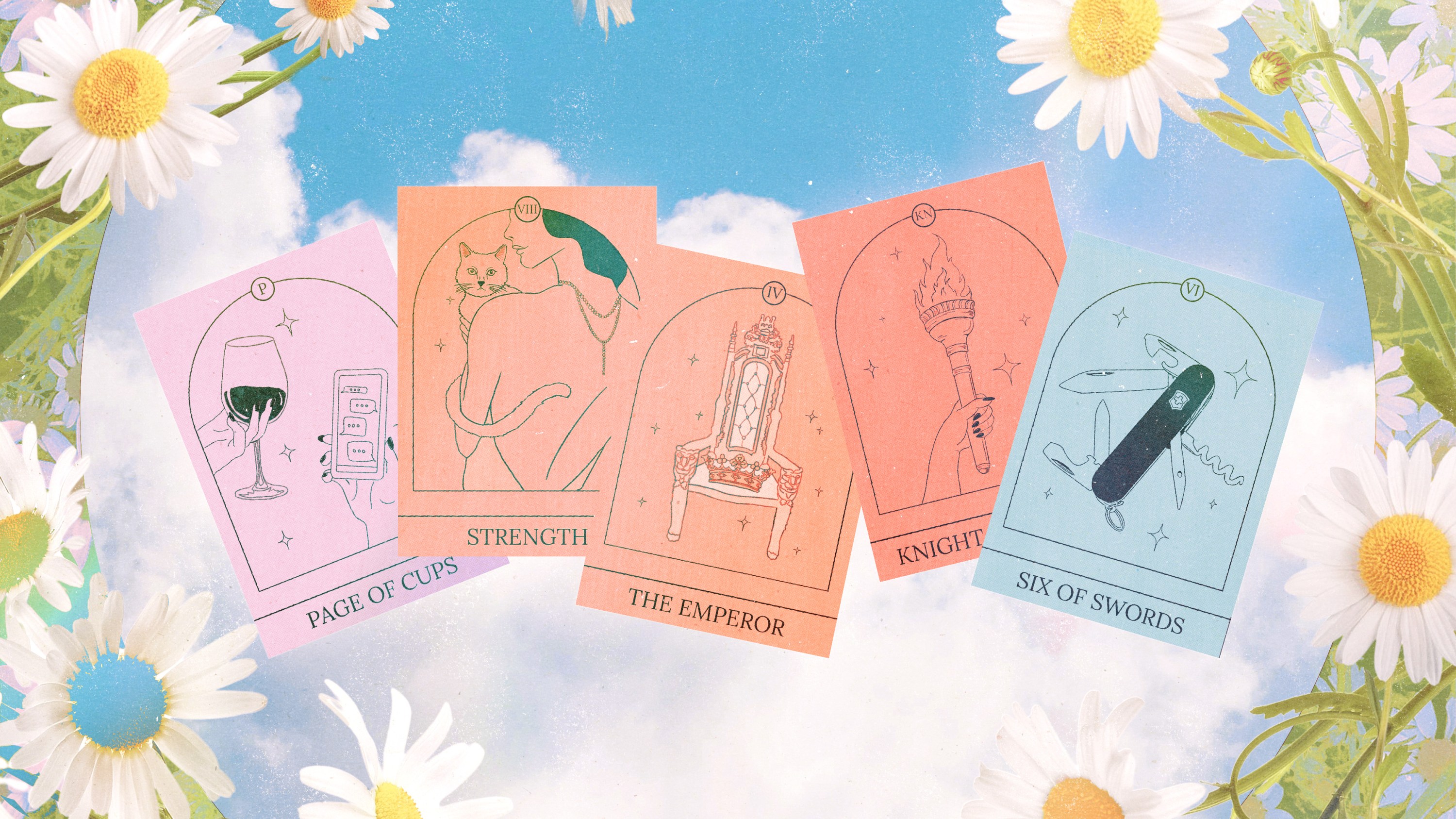 A series of Tarot cards over a blue sky background framed by white daisies