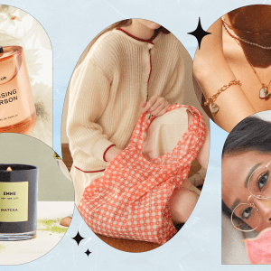 A college of products fromAAPI-owned brands: PHLUR Missing Person perfume bottle; EMME Matcha Cande; a model sitting and holding the Good Totes Reusable Egg Bag in Red Gingham; a model wearing a Rellery heart necklace and matching bracelet; a model wearing COVRY rose gold glasses.