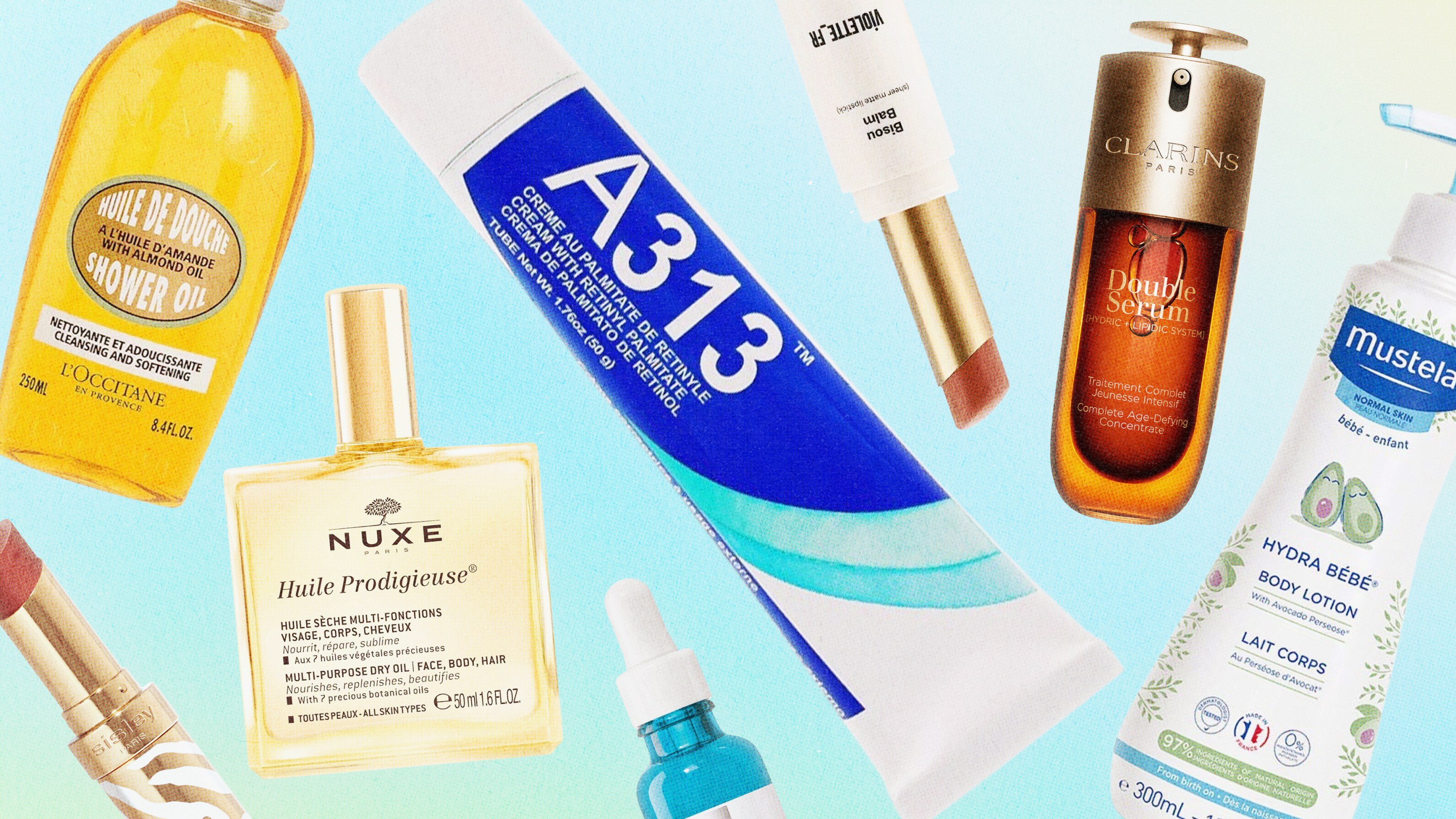 Several French beauty products from L'Occitane, A313, Violette, Nuxe, Sisley, La Roche-Posay, Clarins, and Mustela.