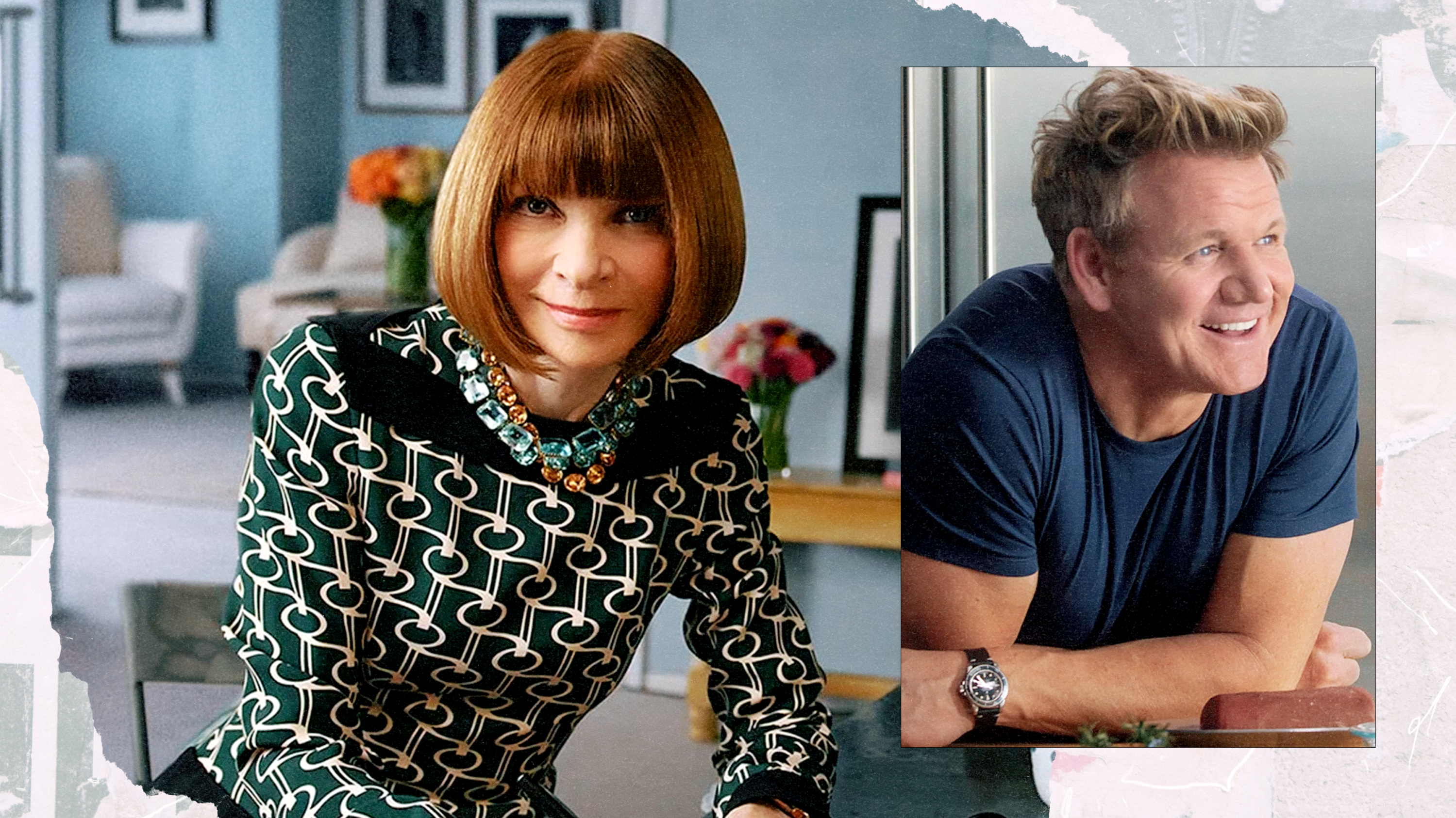 Left: Anna Wintour sitting in an office for MasterClass; Right: Gordon Ramsay in a kitchen for MasterClass.